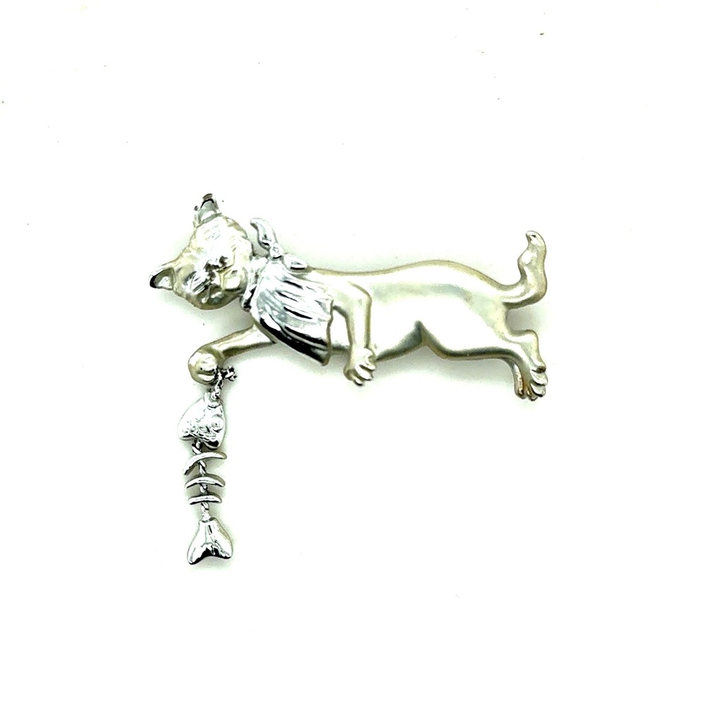 Vintage AJC Signed Silver Tone‎ Cat with Dangling Fish Skeleton Brooch Pin
